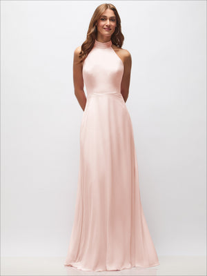 Blush pink high-neck halter backless maxi dress with fitted bodice and flowing skirt