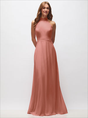 Dusty rose high-neck halter backless maxi dress with fitted bodice and flowing skirt