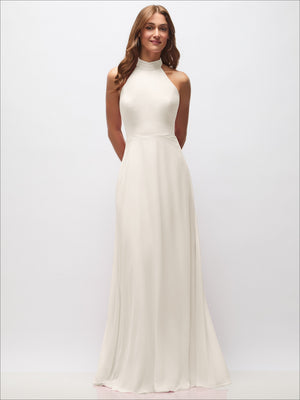 Ivory high-neck halter backless maxi dress with fitted bodice and long flowing skirt