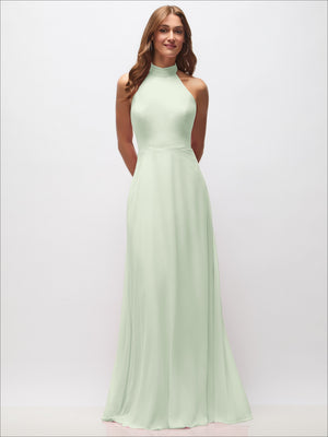 Mint green halter maxi dress with high neck and flowing skirt, sleeveless fitted bodice