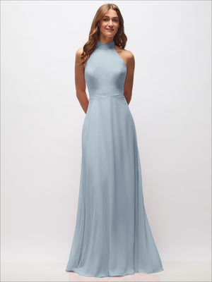 Light blue high-neck halter maxi dress with sleeveless bodice and full length skirt