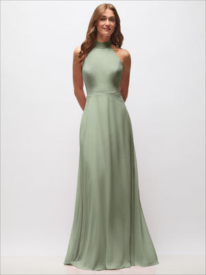 High-neck halter backless maxi dress in sage green, fitted bodice and long pleated look