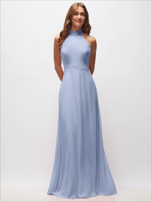 Light blue halter maxi dress with high neck and flowing skirt, sleeveless fitted waist