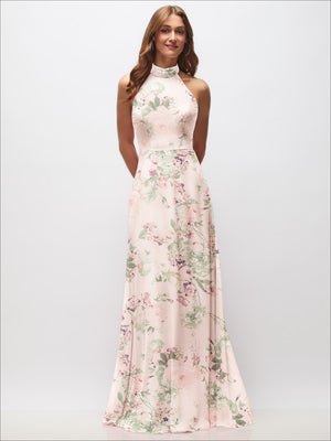 Blush pink floral high-neck halter backless maxi dress with fitted waist and long skirt
