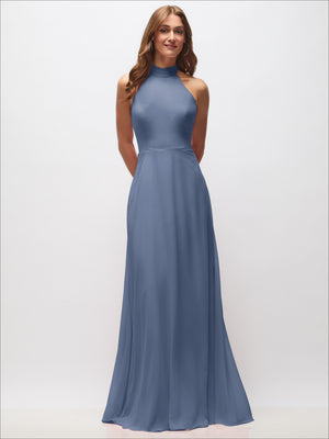 High-neck halter maxi dress in dusty blue, sleeveless fitted bodice, front view