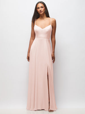Blush pink tie-back cutout maxi dress with thin straps and front slit