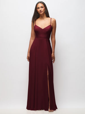 Burgundy cowl-neck maxi dress with thin straps and front slit