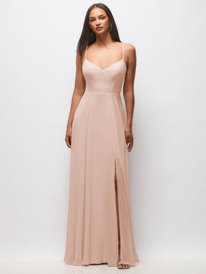 Blush tie-back cutout maxi dress with spaghetti straps and front slit, front view