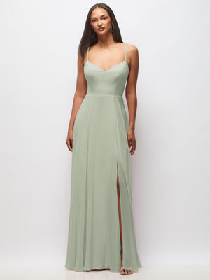 Sage green spaghetti-strap maxi dress with tie-back cutout and front slit