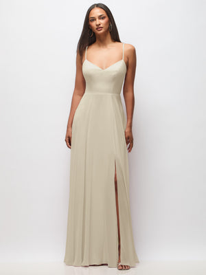 Ivory maxi dress with spaghetti straps, cowl bodice and front slit