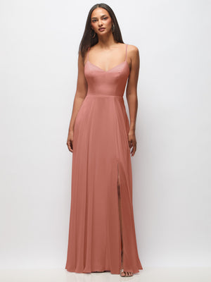 Dusty rose tie-back cutout maxi dress with thin straps and front slit