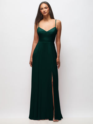 Women’s tie-back cutout maxi dress with front slit, deep green front view