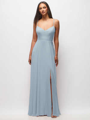 Light blue tie-back cutout maxi dress with V straps and front slit opening