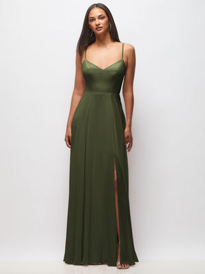 Deep green maxi dress with tie-back cutout, spaghetti straps, V-neck and front slit