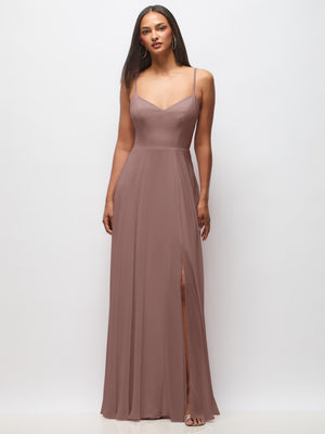 Dusty rose maxi dress with spaghetti straps, cowl bodice and front slit