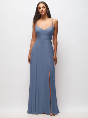 Dusty blue maxi dress with thin straps and front slit