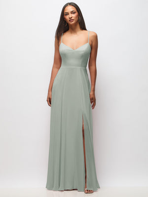 Sage green tie-back cutout maxi dress with thin straps and front slit