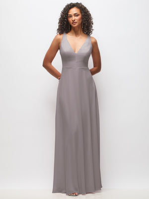 V-neck chiffon maxi dress in soft gray, sleeveless with fitted waist