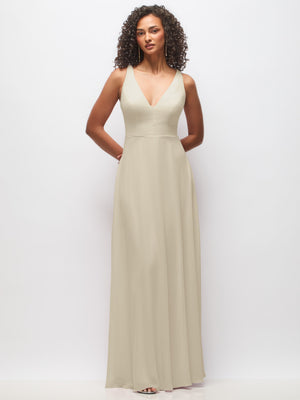 Ivory deep V-neck chiffon maxi dress with sleeveless bodice and flowing skirt