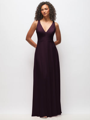 Dark plum chiffon maxi dress with deep V-neck and sleeveless fitted bodice, long drape skirt.