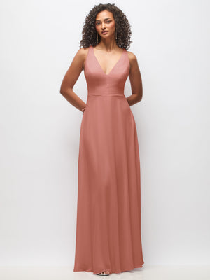 Terracotta/rust-toned deep V-neck chiffon maxi dress, sleeveless fitted bodice