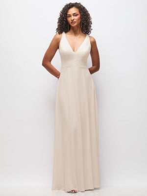 Blush deep V-neck chiffon maxi dress with sleeveless fitted bodice