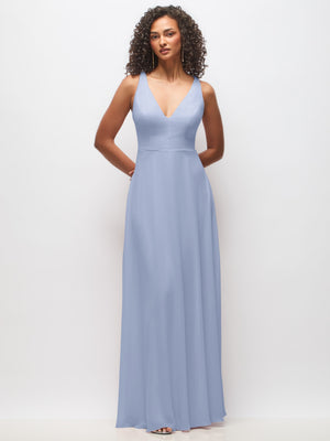 Sky-blue chiffon maxi dress, sleeveless deep V-neck, fitted waist, flowing skirt.
