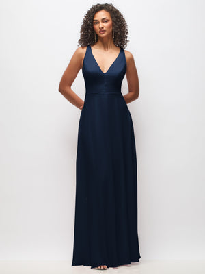 Dark navy V-neck chiffon maxi dress, sleeveless with fitted bodice and flowing skirt