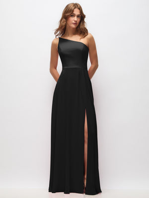 Black one-shoulder chiffon maxi dress with shirred waist and front slit opening