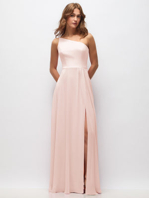 One-shoulder chiffon maxi dress in blush pink with shirred bodice and front slit