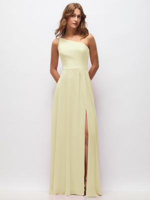 Light yellow one-shoulder chiffon maxi dress with shirred bodice and front slit