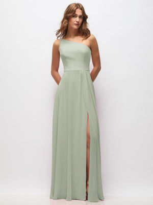 One-shoulder chiffon maxi dress in sage green with shirred waist and side slit detail