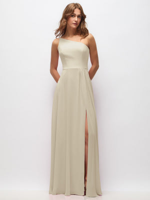 One-shoulder chiffon maxi dress in ivory, shirred front, long skirt, high slit