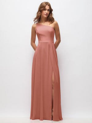 One-shoulder chiffon maxi dress in dusty pink with shirred bodice and front slit