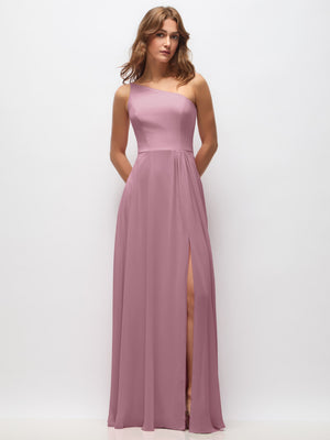 One-shoulder chiffon maxi dress in mauve pink, shirred bodice and front slit