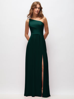 Dark green one-shoulder chiffon maxi dress with shirred bodice and open front slit