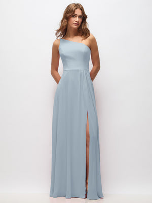 Blue one-shoulder chiffon maxi dress with shirred waist and front slit