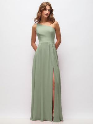 One-shoulder chiffon maxi dress in sage green with shirred bodice and front slit