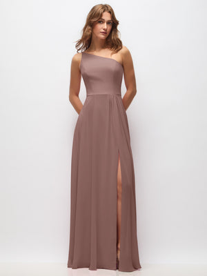One-shoulder chiffon maxi dress in mauve, shirred waist, long skirt, side slit