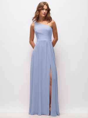 One-shoulder chiffon maxi dress in periwinkle blue with shirred bodice and front slit