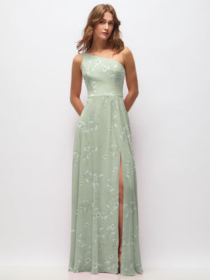 Mint green floral one-shoulder chiffon maxi dress with shirred waist and front slit