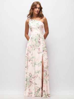 One-shoulder chiffon maxi dress in white floral print with shirred front slit