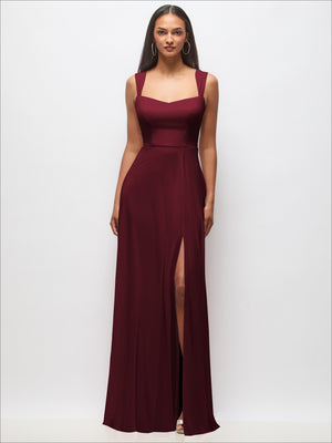Contoured wide-strap sweetheart maxi dress in deep burgundy with side slit and bias drape