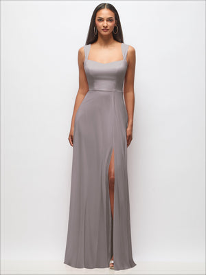 Sweetheart maxi dress with wide straps in soft gray, fitted bodice and side slit