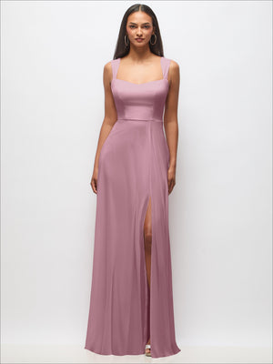 Sweetheart maxi dress in dusty rose featuring wide straps and front side slit.