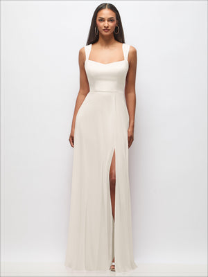 Ivory sweetheart maxi dress with wide straps and front slit, fitted bodice