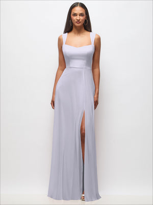 Lavender sweetheart maxi dress with wide straps and front slit, fitted waist