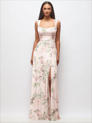 Sweetheart maxi dress with wide straps, blush floral print and front side slit
