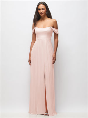 Blush pink off-shoulder basque maxi dress with flounce sleeves and front slit