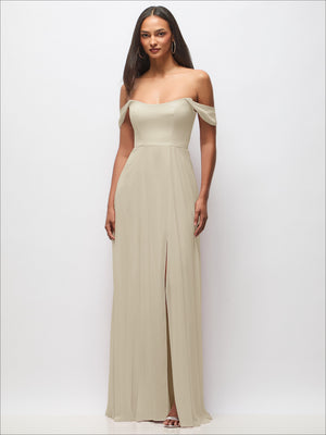 Off-shoulder maxi dress in ivory with basque neckline and flounce sleeves